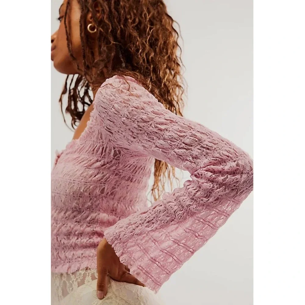 Free People FP One Madison Lace Top Pink Sheer Smocked Bell Sleeve XS‎ NWT